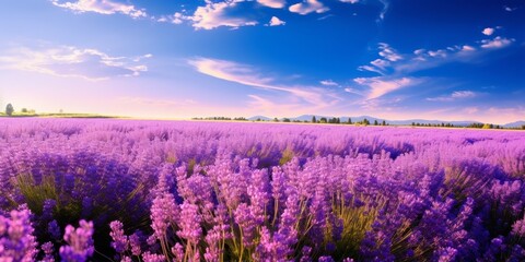 Fototapeta premium Stunning lavender field landscape at sunset