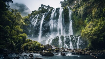 Majestic Waterfall Cascading Through Lush Greenery