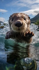 Curious otter swimming in the water
