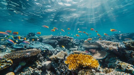 A multitude of fish swim above a vibrant coral reef in the ocean.
