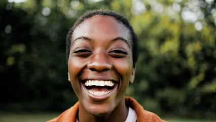Smiling black young woman looking at camera. Happy confident African student with park city in...