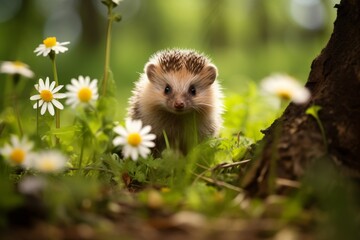 Obraz premium Adorable hedgehog peeking out from flowers