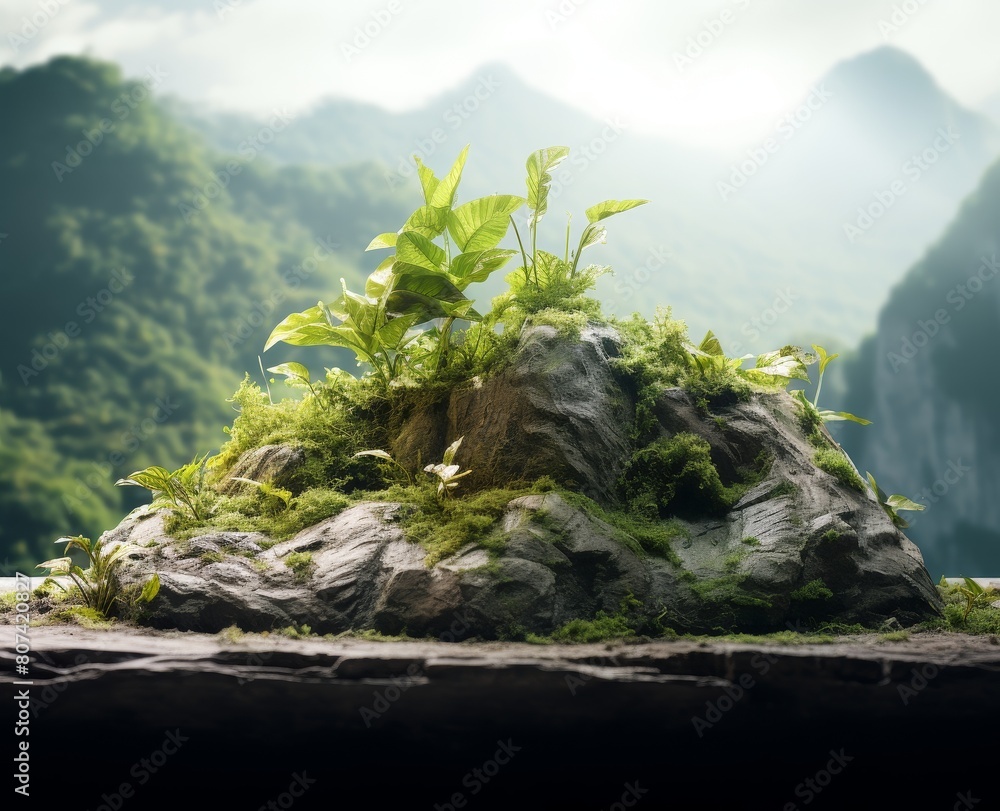 Sticker lush green forest landscape with moss-covered rocks