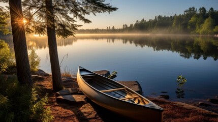 Serene lake with canoe at sunset