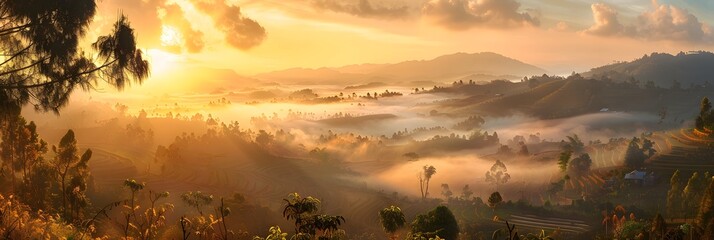 The morning landscape in the valley Da Lat, Vietnam with fog covered and sunrise background is so blurry, so beautiful and peaceful
