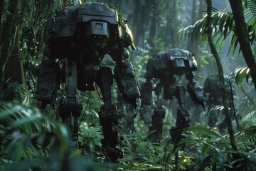 Futuristic robots walk through the jungle. War between humanity and robots.