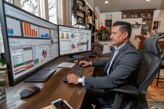 Business executive making critical decisions based. Man in home office, focused on financial analysis on multiple monitors, well-dressed, serious, indoor plants and cozy environment,
