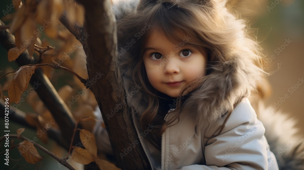 Poster young girl in winter coat looking at camera