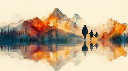 Silhouette of father and child with watercolor background.