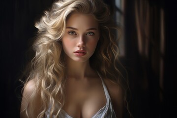 Captivating blonde woman with flowing curly hair