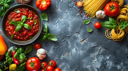 background with tomato sauce and pasta, basil and fresh tomatoes, Italian cuisine