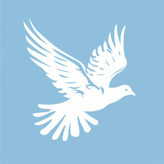 Fototapeta premium Simple drawing of white pigeon in flight with blue background.