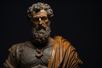 Dramatic portrait of a stern-looking ancient roman statue