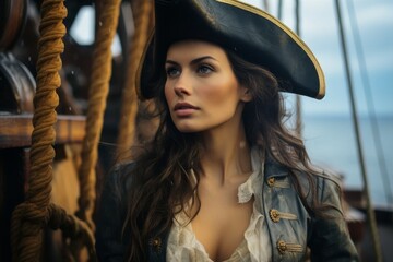Mysterious pirate woman on a ship