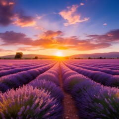 Stunning sunset over a lavender field