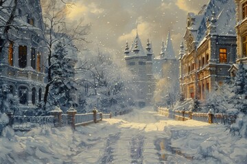 Snow-covered city, streets after snowfall, Suburban winter wonderland, frosted trees arching over snow-blanketed road, serene sky promising more snow.