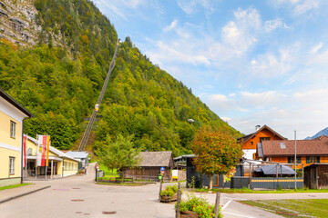 The steep funicular at the edge of town that takes tourists to the top of Hallstatt and the Salt...