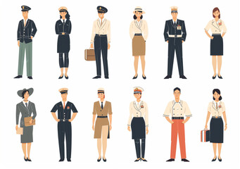 A set of vector illustrations on a white background featuring people in different professional uniforms standing next to each other at full height