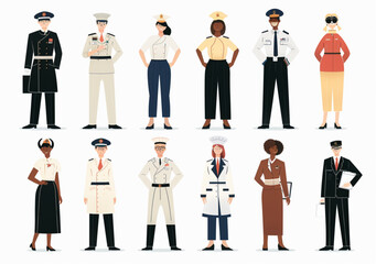 A set of vector illustrations on a white background featuring people in different professional uniforms standing next to each other at full height