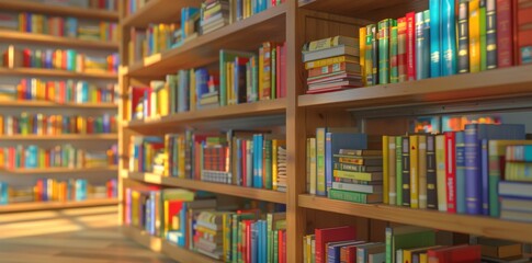 3D render of modern library with many books on shelves.