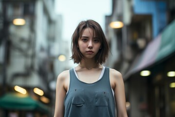 Fototapeta premium young woman with short dark hair standing in city street