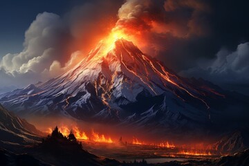 Fototapeta premium Dramatic volcanic eruption in a fantasy landscape
