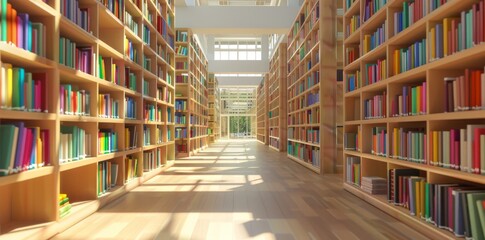 Obraz premium 3D render of modern library with many books on shelves.