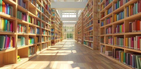 3D render of modern library with many books on shelves.