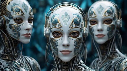Futuristic cyborg women with intricate metallic masks