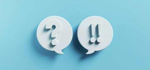 3D render of two speech bubbles with an exclamation mark and question symbol on a blue background, in white color.