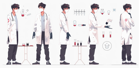 A large set of vector graphics, illustrations and characters with different poses in white coats on an isolated background.