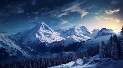 Majestic snowy mountain landscape at night