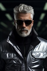Fototapeta premium Stylish older man with silver hair and beard wearing sunglasses and a metallic jacket