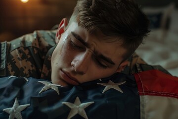 Young American soldier crying over the flag