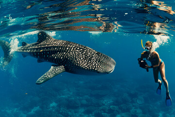 Fototapeta premium Woman filming a whale shark in a dive