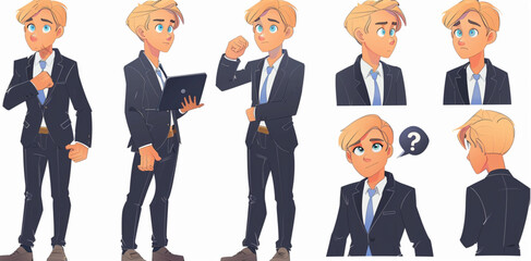 30 year old man, multiple poses and expressions , character sheet, full body illustration 