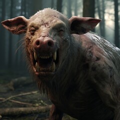 Ferocious wild boar in the forest