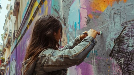 One woman, young female street artist painting on a building wall outdoors