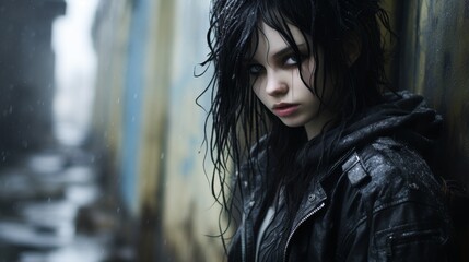 moody young woman with dark hair in the rain