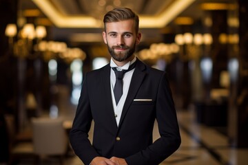Fototapeta premium Handsome businessman in formal suit posing in luxury hotel lobby