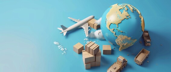 Fototapeta premium 3D rendering of a cargo plane, truck and ship with cardboard boxes around a globe on a blue background.