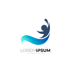 Swimming person logo with simple design, blue color, wave and people