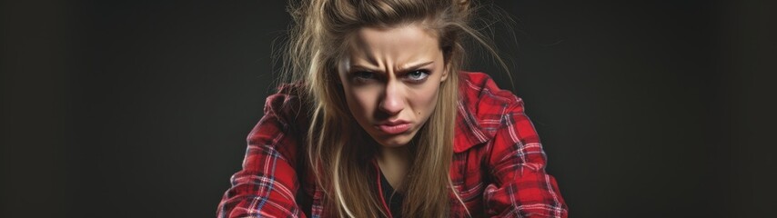 Angry young woman with windblown hair - obrazy, fototapety, plakaty
