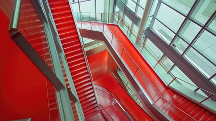 Overhead view from the top of a red staircase in a modern office building, aesthetic look - Powered by Adobe