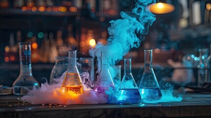 A table with a variety of glass beakers and a blue smoke coming out of one of them