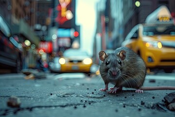 A rat is standing on a sidewalk in front of a yellow taxi cab. The rat is looking at the camera