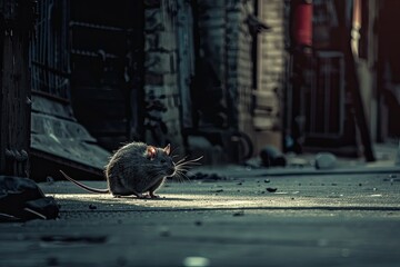 A rat is standing on a sidewalk in a dark alley. The rat is small and he is alone