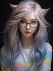 young woman with long wavy pastel hair and glasses