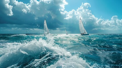 Two sailboats with white sails navigate the choppy waters of the ocean under a cloudy sky.