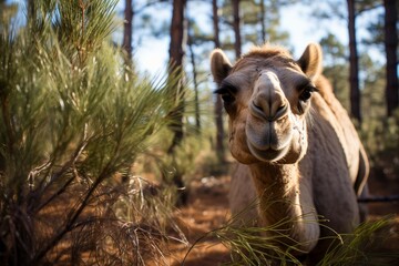 close-up of a camel in a pine forest